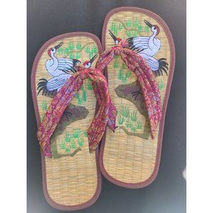 NWOT Japanese Tatami Flip Flops Embroidery Crane 6M